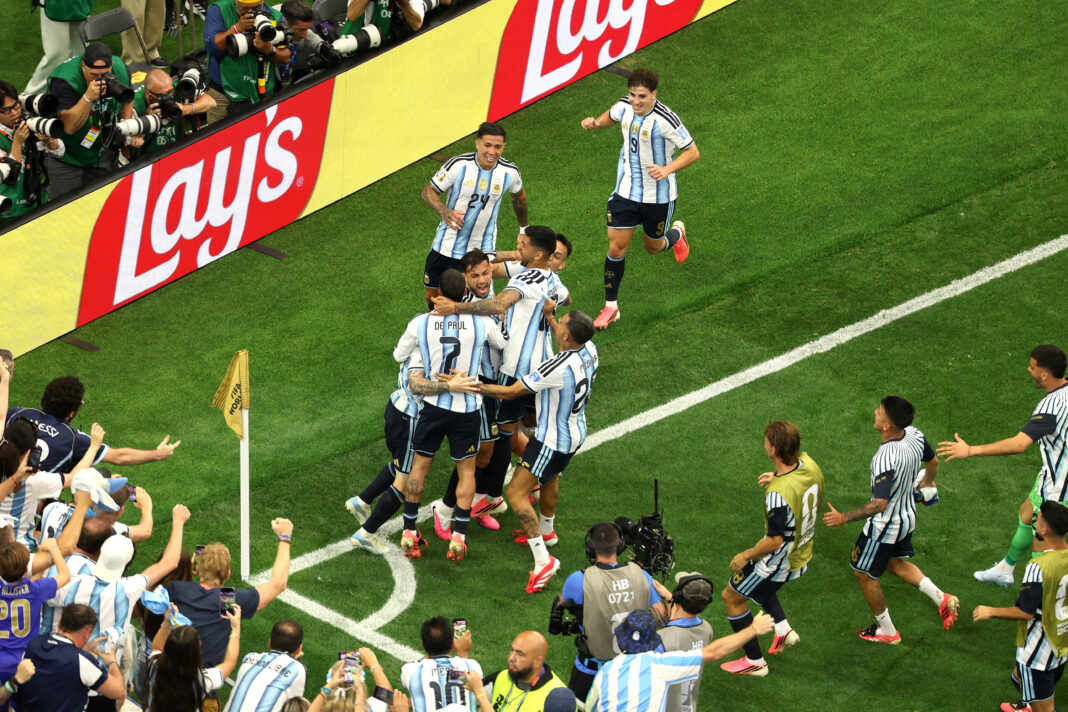 Lionel Messi #10 of Argentina celebrates with teammates after scoring his team's second goal during the FIFA World Cup 2026 Group J